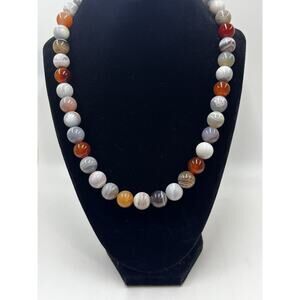 Vintage Agate and Carnelian Beaded Necklace Sterling Silver Clasp 20" 11 mm